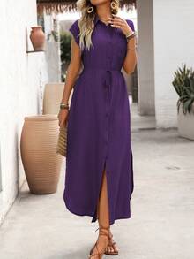 Wandoria Women's Spring/Summer Solid Color Vacation Casual Modest Commute Shirt Collar Front Button Placket Patch Pocket Side Slit Hem Dress Deep Purple - Purple - View 6