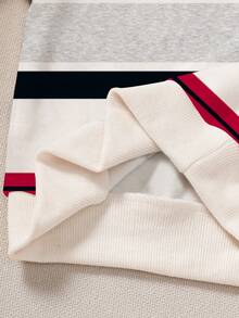 SHEIN Playful Pals 2件組男孩套裝，彩色條紋長袖運動衫配黑色馬刺繡，搭配純黑色慢跑長褲，適合上學與日常穿著 - 彩色 - 查看 6