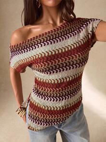 SHEIN BAE Top de camiseta holgada de punto falso jacquard con textura para mujer, casual para vacaciones de primavera/verano, adecuado para vacaciones en la playa, vacaciones de playa, vacaciones casuales con hermanas, camiseta de tirantes práctica, camiseta práctica, top con textura, adecuado para salidas casuales, uso casual - Marrón - Ver 7