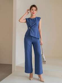 DAZY Conjunto de ropa de verano para vacaciones y oficina ligera para mujer, top elegante y pantalones de pierna ancha, conjunto de 2 piezas - Azul - Ver 5
