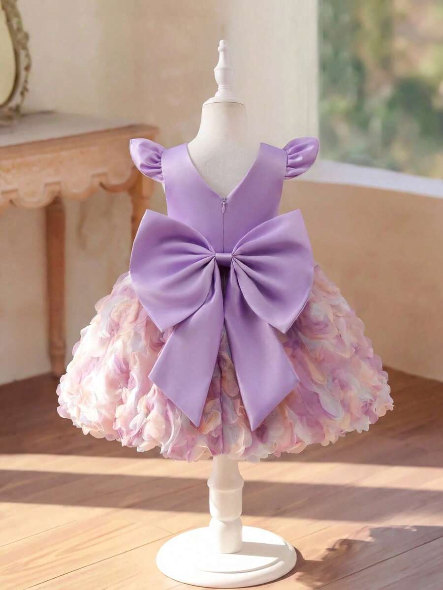 SHEIN Glamorique Kids 女嬰公主洋裝,紫色3D花朵網紗裙,荷葉袖,大蝴蝶結背部設計,生日派對、婚禮節日禮服、舞會洋裝、畢業洋裝、夏季洋裝 - 紫色 - 查看 1