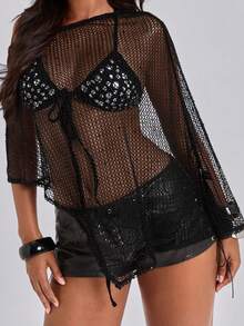 ACID BLVD Spring/Summer 2K Hot Girl Party Sheer Mesh Hollow Out Cape Cover-Up Sun Protection Top And Rivet Bikini Tank Top 2pcs Set - Black - View 9
