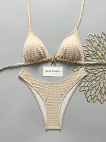 Swim SXY 女款春夏提花布料掛脖金屬裝飾比基尼套裝 - 卡其色 - 查看 2