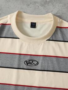 ROMWE MEN Men's Striped Loose Fit Crew Neck T-Shirt - Beige - View 3