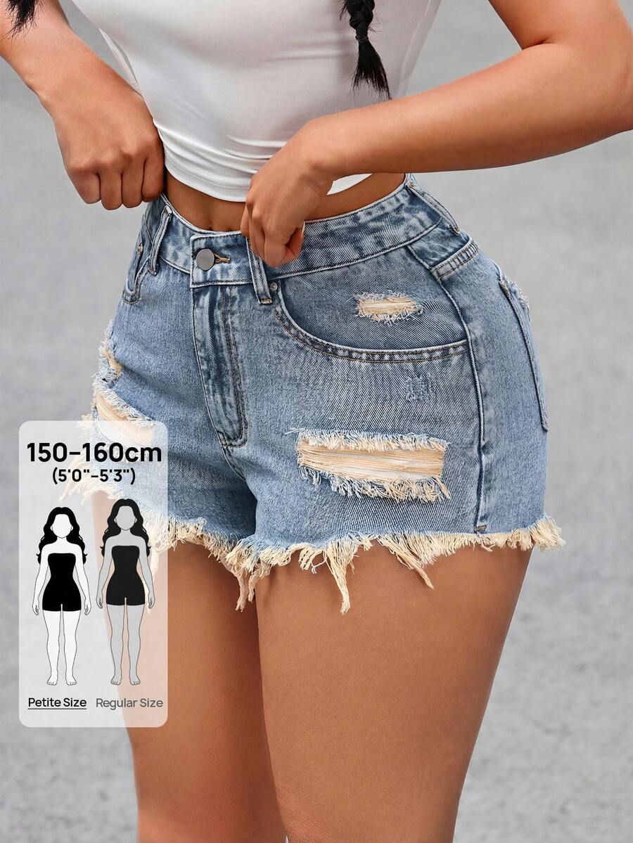 SHEIN PETITE 女款休閒做舊口袋鈕扣毛邊牛仔短褲,適合日常穿著,小碼女款 - 藍色 - 查看 1