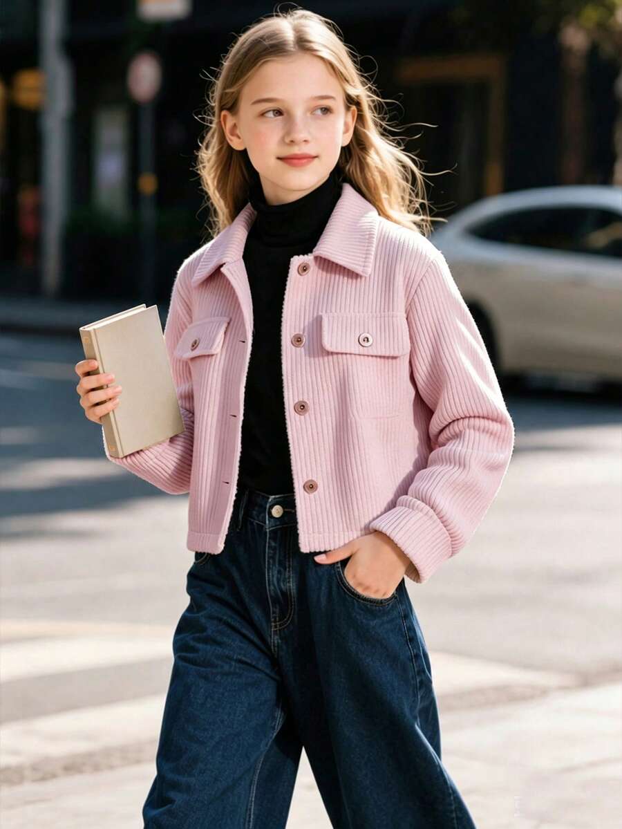 SHEIN 女童純色百搭簡約日常秋冬翻領夾克外套 - 粉色 - 查看 1