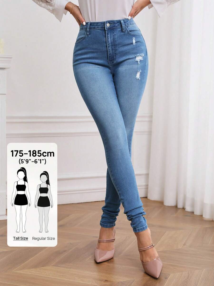 SHEIN Tall High Waist Ripped Skinny Jeans, Tall Women - Blue - View 1