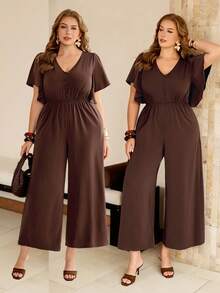Roveilla Plus Size Women's Solid Color V-Neck Button-Up Waist-Cinching Elastic Adjustable Loose Wide Leg Long Pants Umbrella Sleeve Short Sleeve Brown Jumpsuit - Brown - View 2