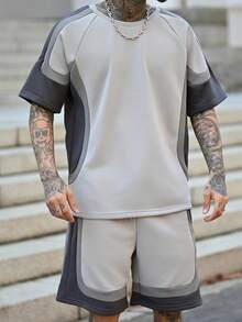 Devon Thys 1 套男士时尚休闲不对称拼色宽松 T 恤和短裤夏季服装，适合日常穿着，舒适服装 - 灰色 - 查看 4