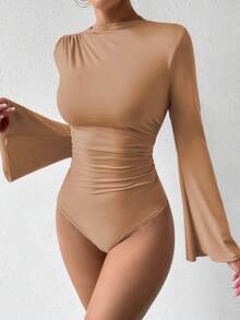 Rafferiza 女款秋季棕色立領修身百搭日常穿著喇叭袖連身內衣 夜店外出穿搭 棕色系 性感 - 卡其色 - 查看 8