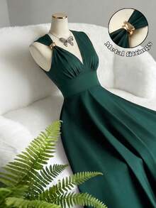 Balvessa Women's Sleeveless High Waist Long Dress Day Party Dark Green Summer Elegant - Dark Green - View 6