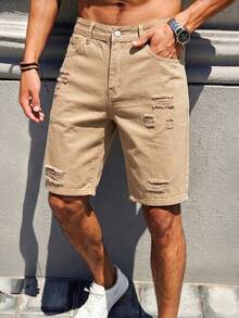 Manfinity LEGND Men's Spring/Summer Street Style Casual Distressed Ripped Straight Leg Khaki Denim Shorts - Khaki - View 4