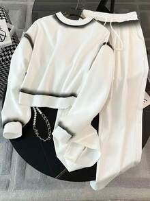 Resyla Setelan Sweatshirt Wanita Minimalis Kasual Musim Semi/Gugur dengan Warna Gradien, Pakaian Olahraga Kasual Dua Potong dengan Celana Lebar - Putih - View 2