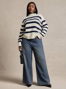 Radiana Curve Plus Size Women's Striped Stand Collar Drop Shoulder Long Sleeve Casual Sweater In Fall/Winter - Blue and White - View 5