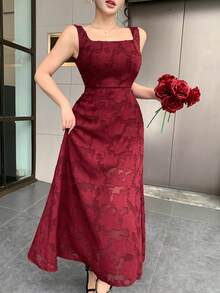 DAZY 春夏優雅修身休閒蕾絲紅色長洋裝女款 - 酒紅色 - 查看 4