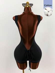 Amplova Women's Solid Color Backless Round Neck Sleeveless Fashionable Minimalist Tight Jumpsuit, Summer - Black - View 7