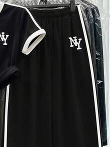 Tween女孩休閒舒適運動風拼色字母NY上衣與拼色休閒寬鬆長褲套裝，適合秋季日常穿著，秋季新款，返校、校園、運動、外出、街頭穿搭 - 彩色 - 查看 4