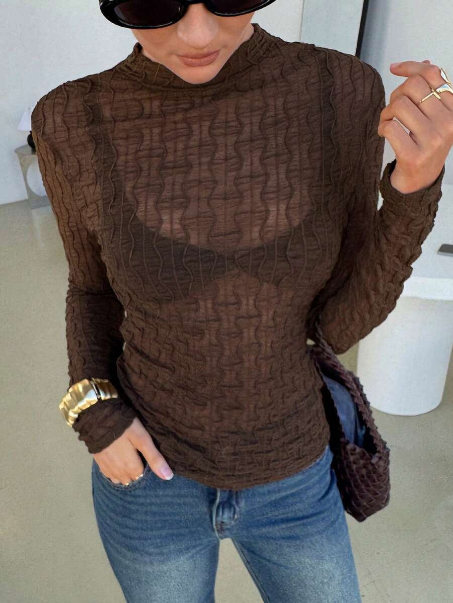 Levarali Women's Solid Color Stand Collar Slim Fit Versatile Daily Wear Top - Brown - View 1