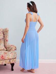 Elorette 2pcs Set: Floral Lace Contrast Mesh Maxi Nightgown + G-String Underwear, Wedding Design - Blue - View 9