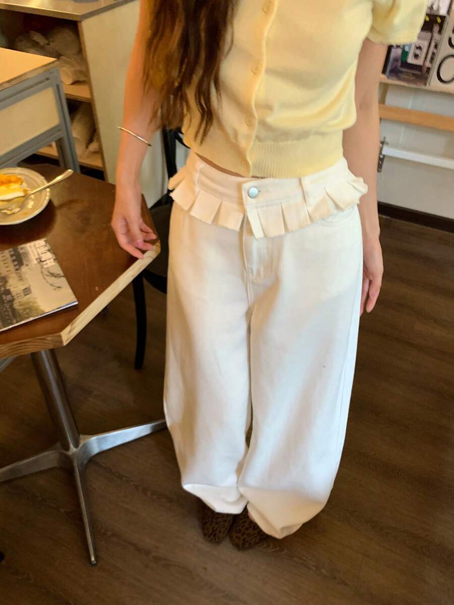 DAZY Casual Versatile Solid Color Wide Leg Denim Jeans - White - View 1