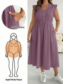 SHEIN Essnce Plus Size Solid Color Button Pleated Pocket Dress For Vacation - Multicolor - View 8