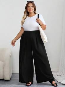 SHEIN CURVE+ Curves 大尺碼女款辦公穿搭，黑色高腰直筒休閒長褲，簡約時尚，適合日常穿著 - 黑色 - 查看 6