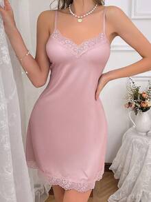 SHEIN 女士蕾丝边吊带睡裙睡衣裙 - 粉色 - 查看 5