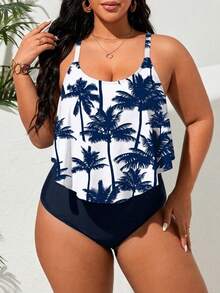 SHEIN Swim Curve 大尺碼女款椰子樹印花連身泳衣，適合海灘度假、泳池派對、海灘派對，海軍藍夏季熱帶風 - 藍色 - 查看 7
