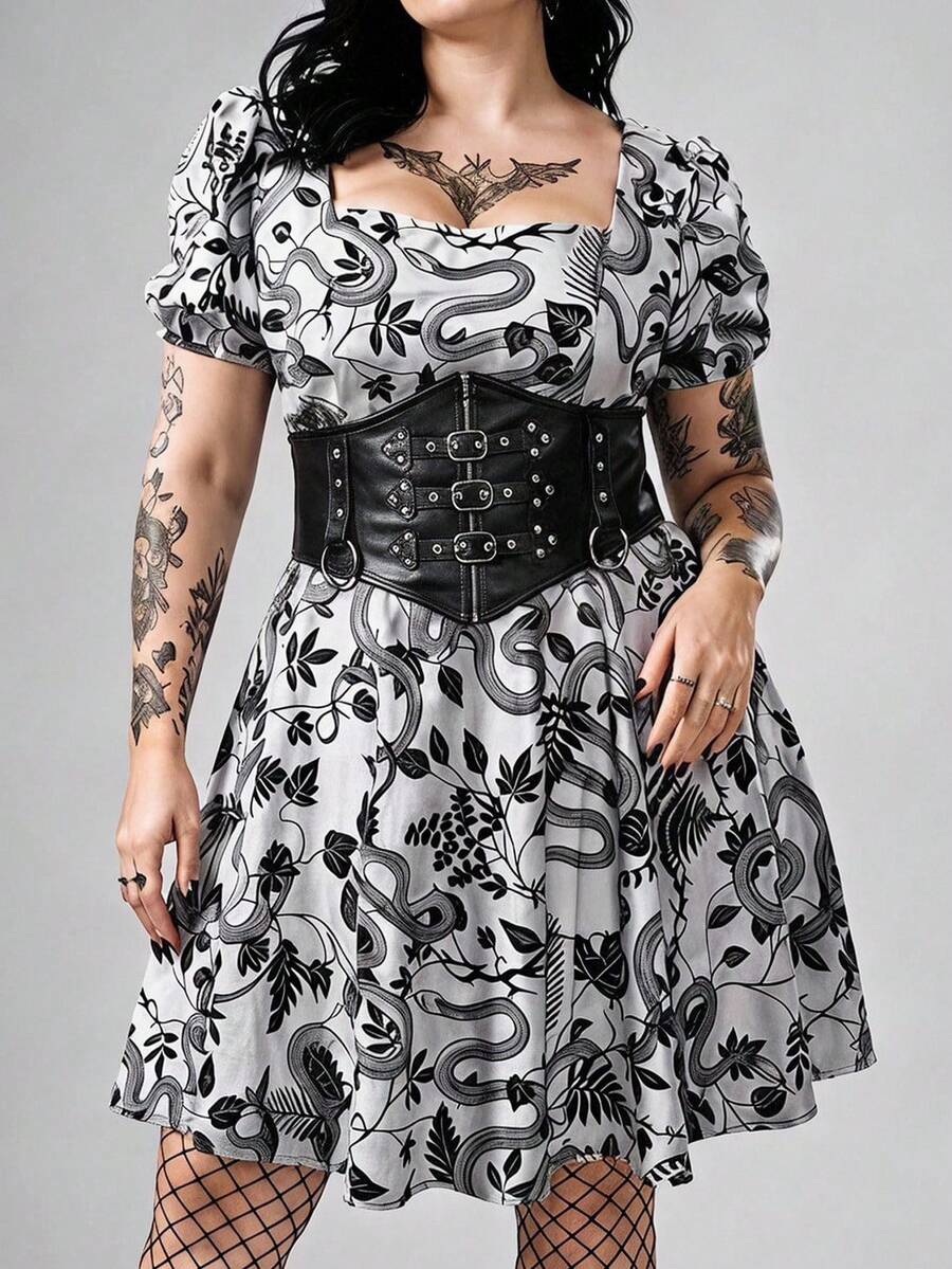 ROMWE White Black Snake Vine Leaf Print Low Neckline Luxurious 70's Roaring 20s Vintage Gothic Court Style Plus Size Dress Halloween Night Party Summer - Black - View 1