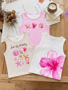 3pcs/Set Young Girl' Fashion Hibiscus & Shell Print Camisole,Halter Top,Beachweekend,Get Nautical,Island Style, - Multicolor - View 1