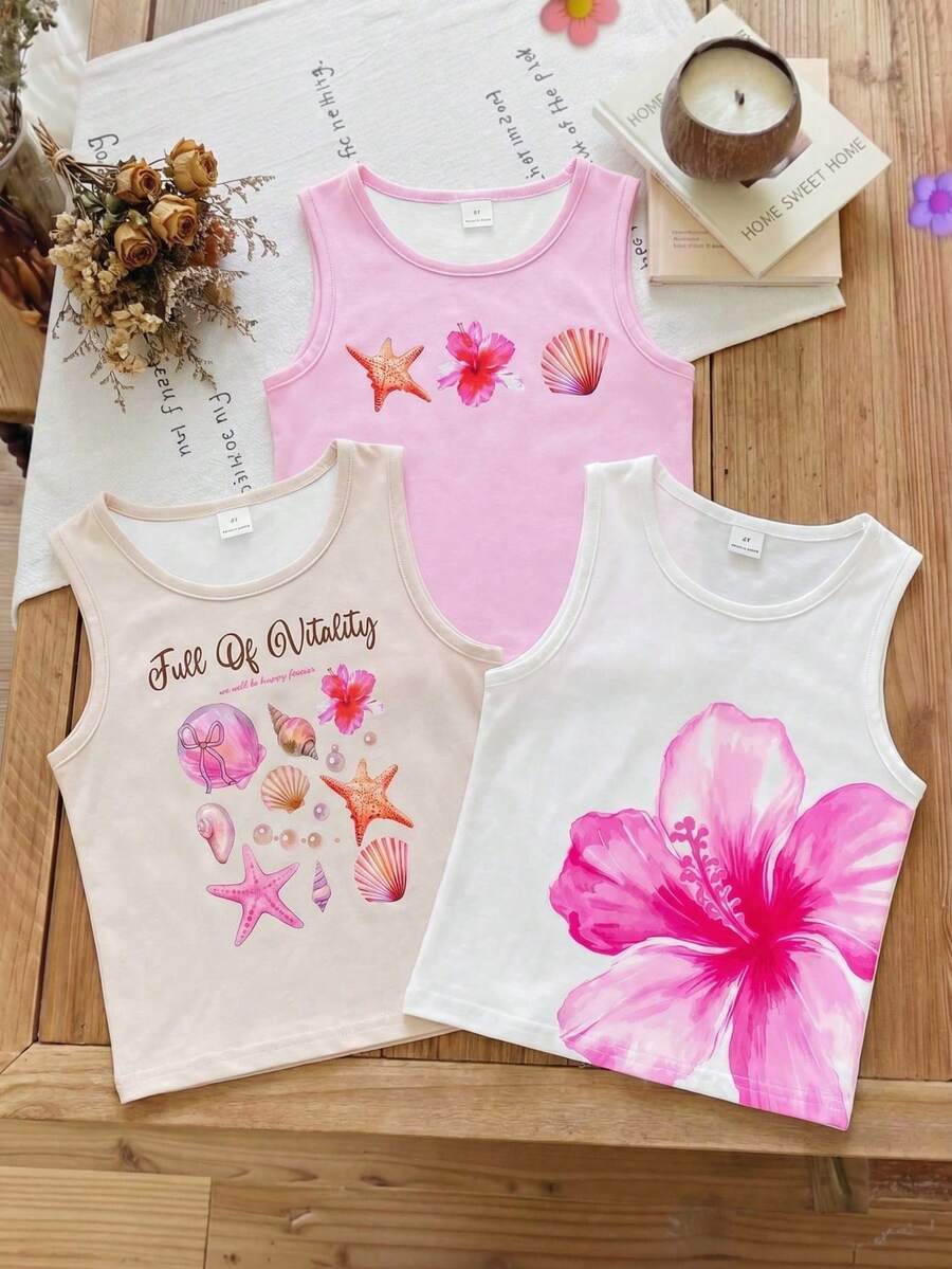 3pcs/Set Young Girl' Fashion Hibiscus & Shell Print Camisole,Halter Top,Beachweekend,Get Nautical,Island Style, - Multicolor - View 1