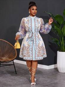 SHEIN CURVE+ Autumn Elegant Party Brunch Tea Party Wedding Guest French Romantic Palace Style Collared Shirt Dress, Sheer Mesh Lantern Sleeve, Waist Tie Fall - Multicolor - View 6