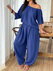 Weeklong Women's Plus Size Spring/Summer Casual Vacation Asymmetric Shoulder Loose Curved Leg Pants 2 Pieces Set, Suitable For Daily And Vacation Wear Fall - Blue - View 5