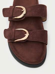 Nöista Modern Double Strap Sandals, Soft Brown Suede Effect, With Oversized Gold Buckle And Cushioned Insole - Coffee Brown - View 8