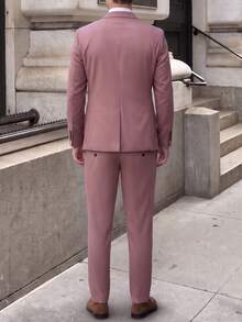 Calvornis 男士純色長袖翻領西裝外套與長褲商務套裝，正式，老錢風 - 藕粉色 - 查看 2