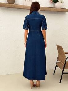 EURMUSE Vestido largo de mezclilla rígido con detalles de falda con volantes - Azul lavado oscuro - Ver 2