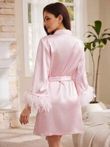 Moireta Fuzzy Decor Satin Women's Robe - Baby Pink - View 2