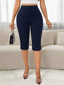 SHEIN Lady 女款深藍色圓點緊身內搭褲休閒日常款 - 藏蓝色 - 查看 5