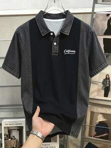 Manfinity Joysei 男士拼接牛仔效果印花短袖休閒 Polo 衫 - 黑色 - 查看 2