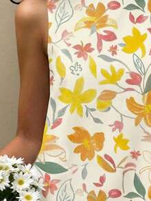 青少年女孩可愛甜美檸檬黃花卉印花無袖洋裝 - 彩色 - 查看 8