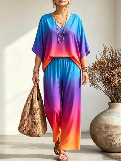Linhara CURVE Gradient Color Loose Two Pieces Set, Top + Wide Leg Pants With Matching Gradient Print, Overall Loose Slouchy Drape Fit, No Tightness Or Restriction, Flattering For All Body Types, Suitable For Vacation, Home, And Daily Wear. Deep V-Neck Loose Batwing Mid-Sleeve (Dropped Shoulder) Plus Size Two Pieces Set