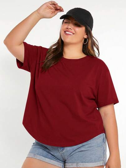 SHEIN BASICS Plus Size Summer Casual Traditional Baggy Solid Color Short Sleeve T-Shirt Going Out Formal Beach Vacation Red White