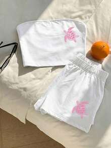 Comfortcana 女款海龜印花抹胸上衣與休閒短褲套裝 - 白色 - 查看 3