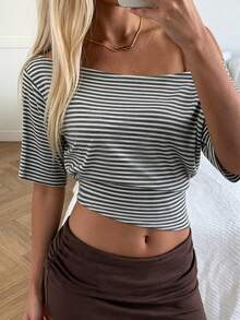Avenya Asymmetrical Shoulder Striped Waist-Cinching Knit Top - Multicolor - View 2
