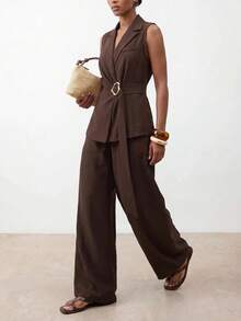 Zivah Elegant & Sophisticated Women's Autumn/Winter 2 Pieces Suit Set, Suitable For Office Wear: Metal Decor Sleeveless Blazer + Wide Leg Pants, Dark Brown - Brown - View 8