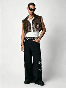 ROMWE MEN Street Life Men's Street Fashion Pocket Button Cropped Vest Jacket - Brown - View 5