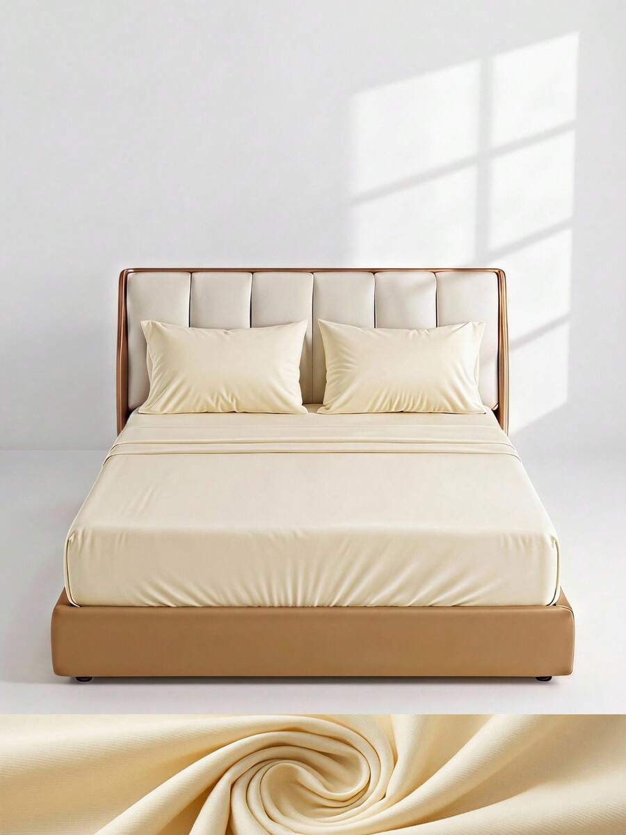 Veyra Day 4pcs/Set 100% Polyester Sheet Set Easy Care Bedding Set Fitted Sheet Set (1pc Flat Sheet+1pc Fitted Sheet+2pcs Pillowcases) Fitted Sheet Set King Queen Full TWIN SIZE Sheet Deep Pocket Up To 35cm , Breathable Better For Sleep - goose yellow - View 1