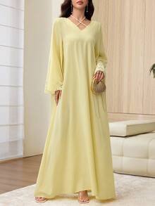 Yasmyna Cross Halter V-Neck Hollow-Out Burnout Long Sleeve Loose Textured Women's Dress - Yellow - View 4