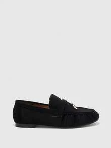 CUCCOO BIZCHIC Metal Buckle Pleated Design Flat Heel Low Heel Soft Sole Suede Black Mules, Casual Women's Shoes - Black - View 2