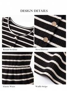 ELLERISSA Vestido mini de punto gofrado con rayas negras & blancas, cuello redondo, sin mangas y botones delanteros, talla grande - Blanco y Negro - Ver 6